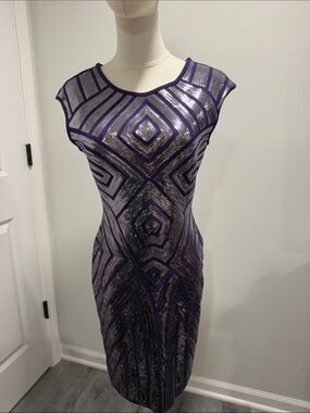 NWOT BCBGMaxAzria Purple & Silver Geometric Sequin Midi Dress